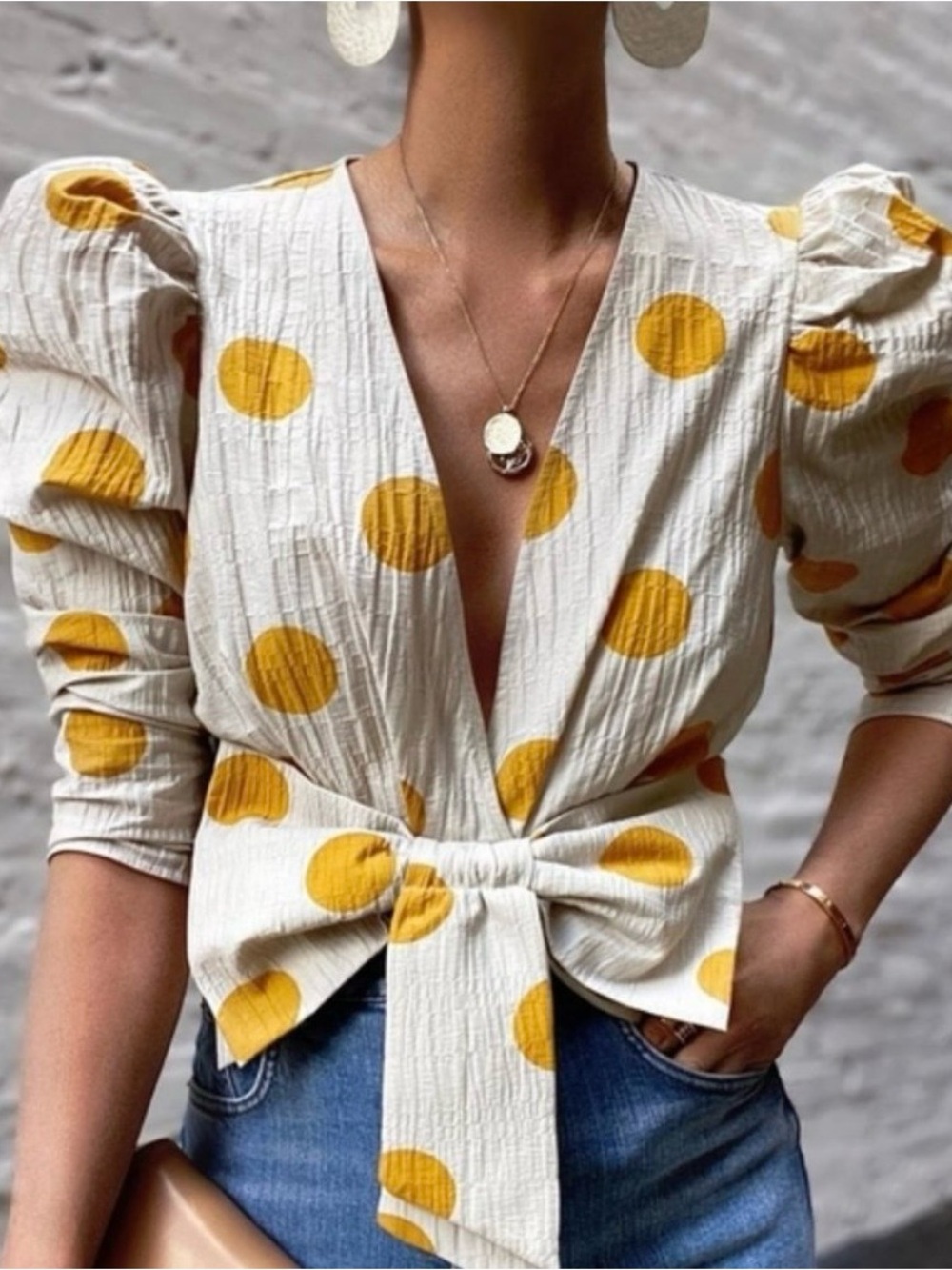 NEW Zara Cream Top with Yellow Polka Dots and Oversized snow Accent NWT